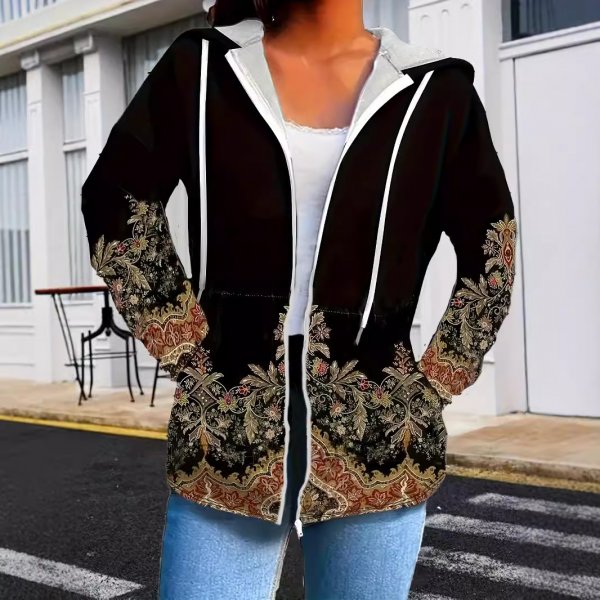 Ethnic Print Hooded Plus Size Women's Coat