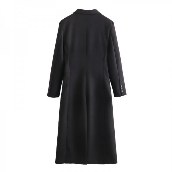 Women's Black Double Breasted V-neck Woolen Overcoat Coat