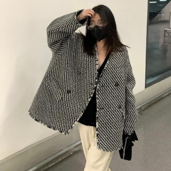 Plaid Women Simple Temperament Loose All-matching Slimming Woolen Coat